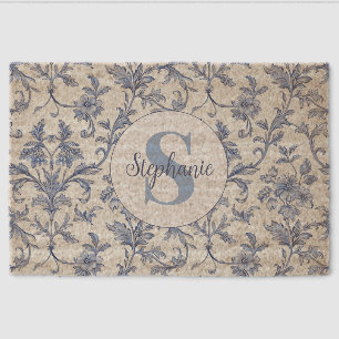 Blue Toile French Monogram Name Floral Pattern Fiber Doormat
