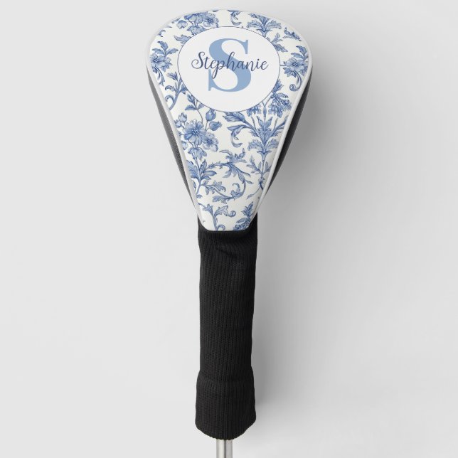 Blue Toile French Monogram Name Floral Pattern Golf Head Cover (Front)