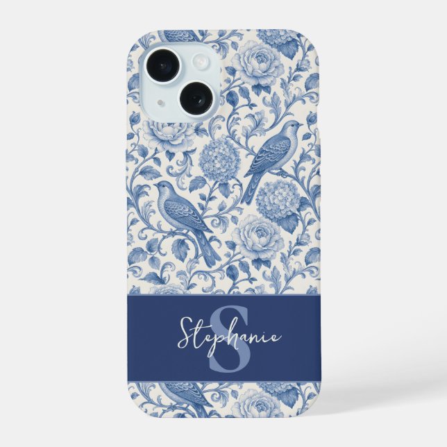 Blue Toile French Monogram Name Floral Pattern Iphone Case (Back)