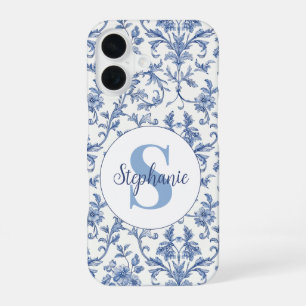 Blue Toile French Monogram Name Floral Pattern iPhone 16 Case