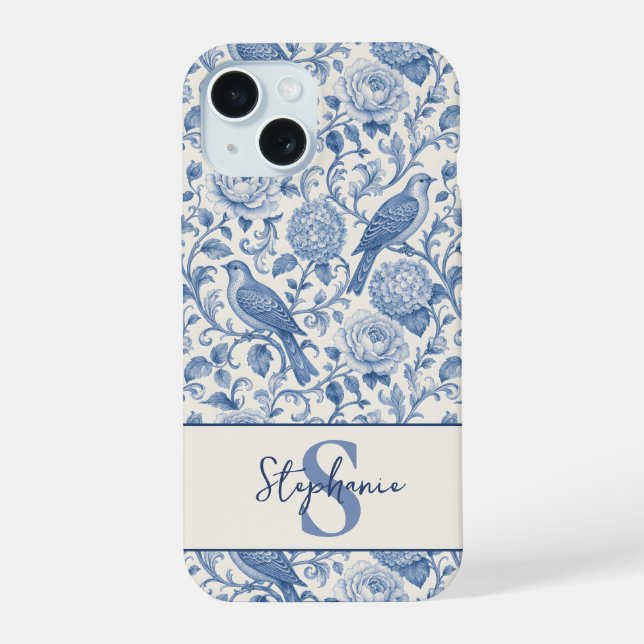 Blue Toile French Monogram Name Floral Pattern Iphone Case (Back)