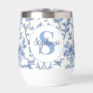 Blue Toile French Monogram Name Floral Pattern Thermal Wine Tumbler