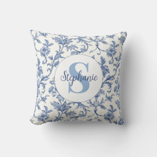 Blue Toile French Monogram Name Floral Pattern Throw Pillow