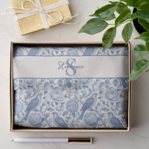 Blue Toile French Monogram Name Floral Pattern Tissue Paper