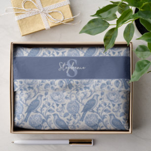 Blue Toile French Monogram Name Floral Pattern Tissue Paper