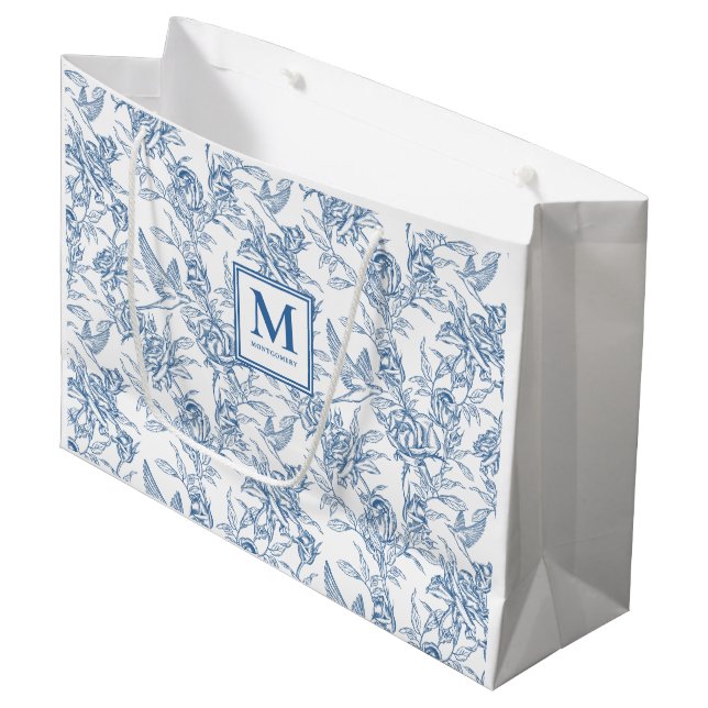 Blue Toile French Monogram Name Large Gift Bag (Front Angled)