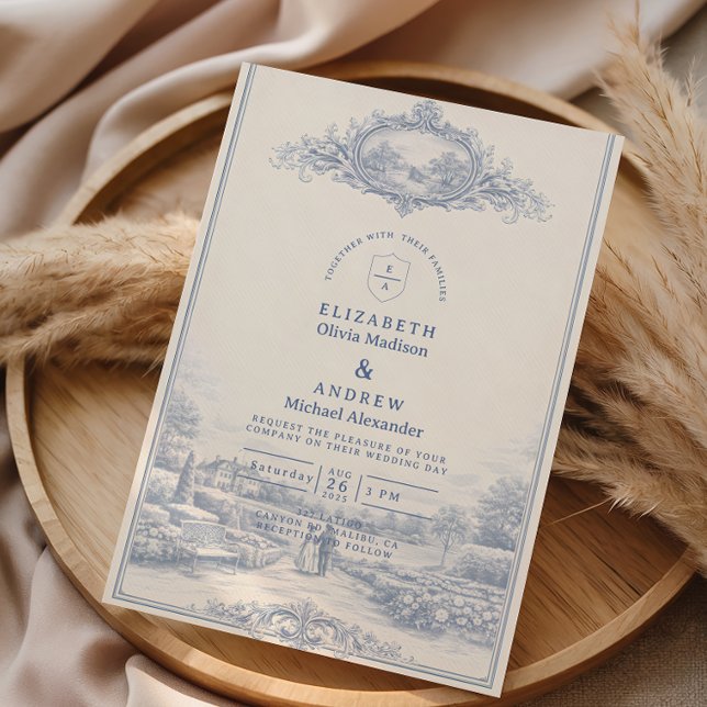 Blue Toile Garden Estate Wedding Invitation (Creator Uploaded)