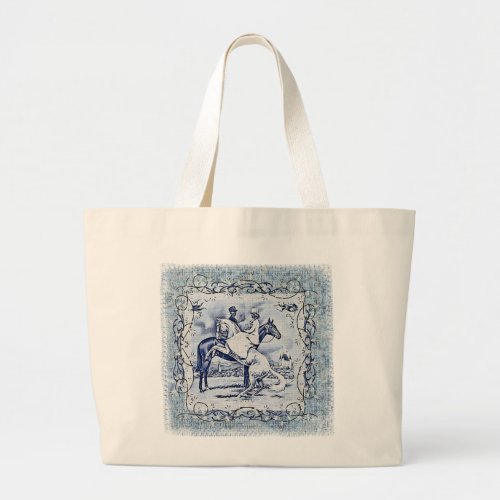 blue toile horse design large tote bag