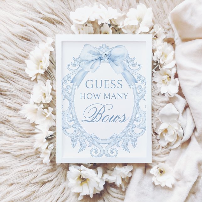 Blue Toile How Many Bows Baby Shower Games Sign Invitation (Creator Uploaded)