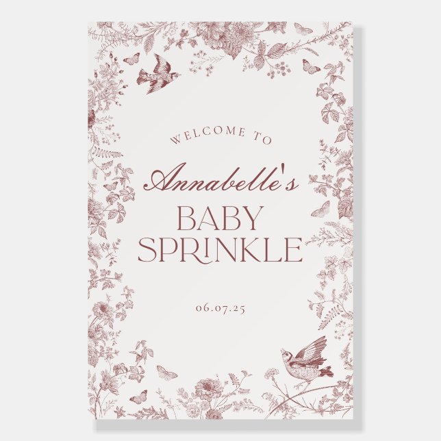 Blue Toile Jouy Floral Baby Sprinkle Welcome Sign (Front)