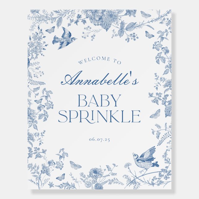 Blue Toile Jouy Floral Baby Sprinkle Welcome Sign (Front)