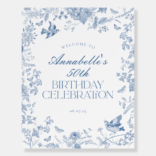 Blue Toile Jouy Floral Birthday Party Welcome Sign (Front)
