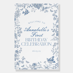 Blue Toile Jouy Floral Birthday Party Welcome Sign