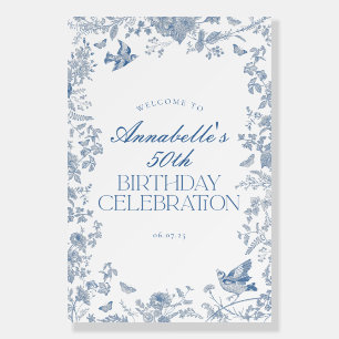 Blue Toile Jouy Floral Birthday Party Welcome Sign