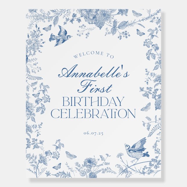 Blue Toile Jouy Floral Birthday Party Welcome Sign (Front)