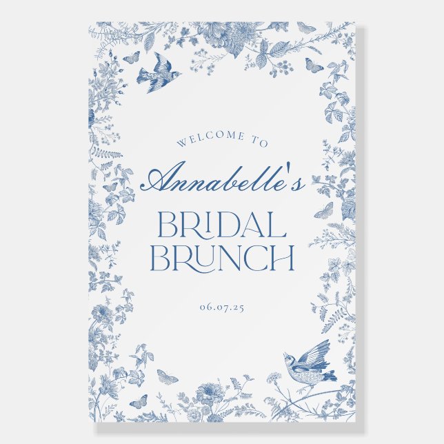 Blue Toile Jouy Floral Bridal Brunch Welcome Sign (Front)