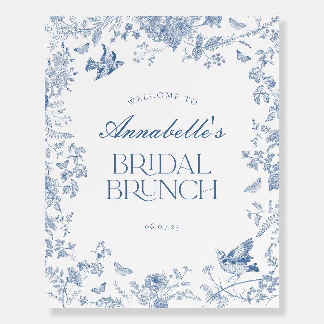 Blue Toile Jouy Floral Bridal Brunch Welcome Sign (Front)