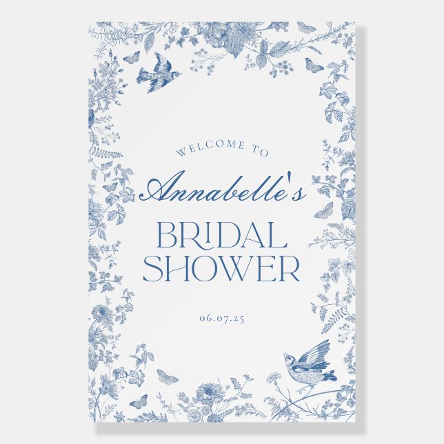 Blue Toile Jouy Floral Bridal Shower Welcome Sign (Front)