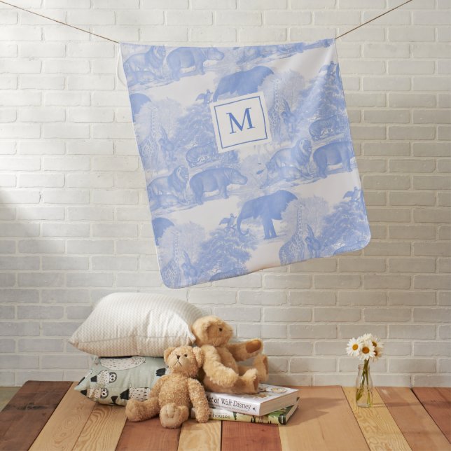 Blue Toile Jungle Animals Chinoiserie Baby Boy Baby Blanket (In Situ)