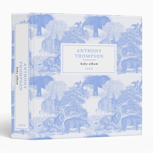 Blue Toile Jungle Animals Safari Chinoiserie Album 3 Ring Binder (Front/Spine)
