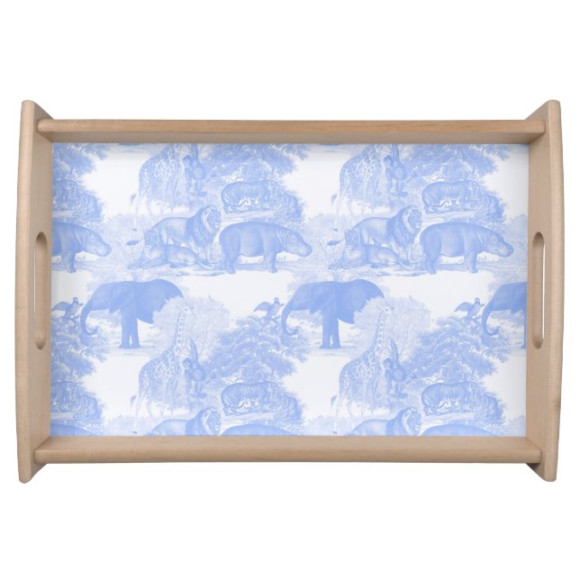 Blue Toile Jungle Animals Safari Chinoiserie Boy Serving Tray (Front)
