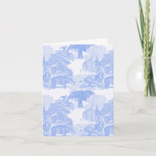 Blue Toile Jungle Animals Safari Chinoiserie Card (Front)