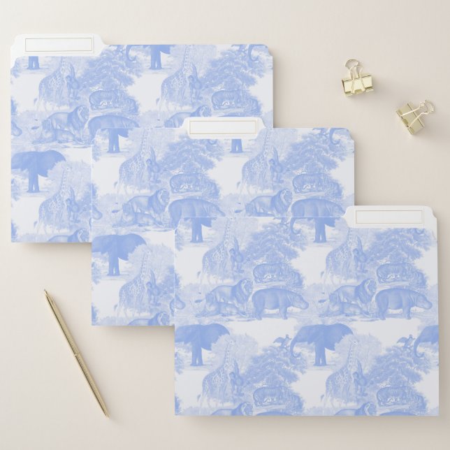 Blue Toile Jungle Animals Safari Chinoiserie File Folder (Set)