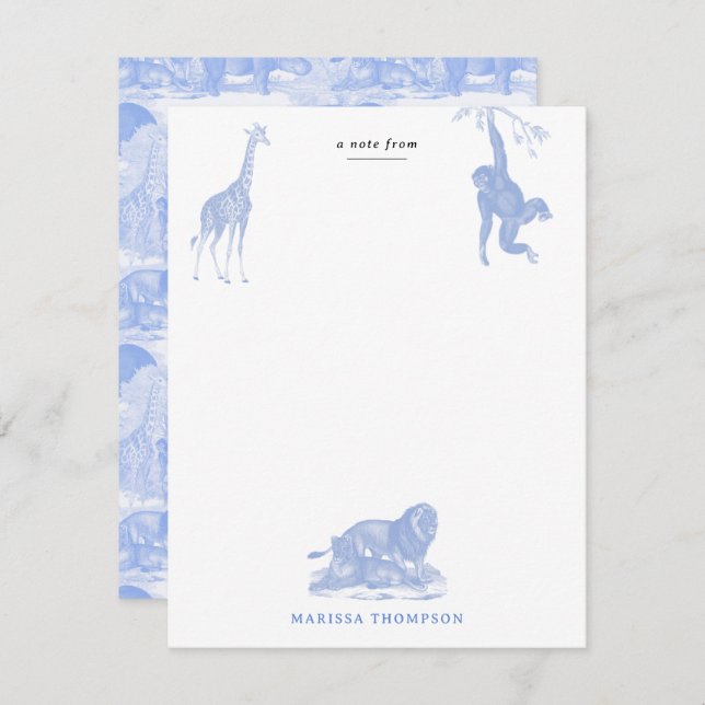Blue Toile Jungle Animals Safari Chinoiserie Note Card (Front/Back)