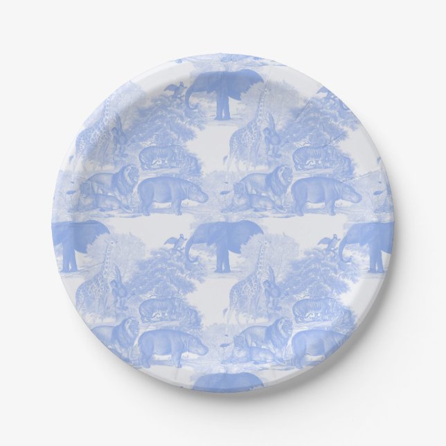 Blue Toile Jungle Animals Safari Chinoiserie Paper Plates (Front)