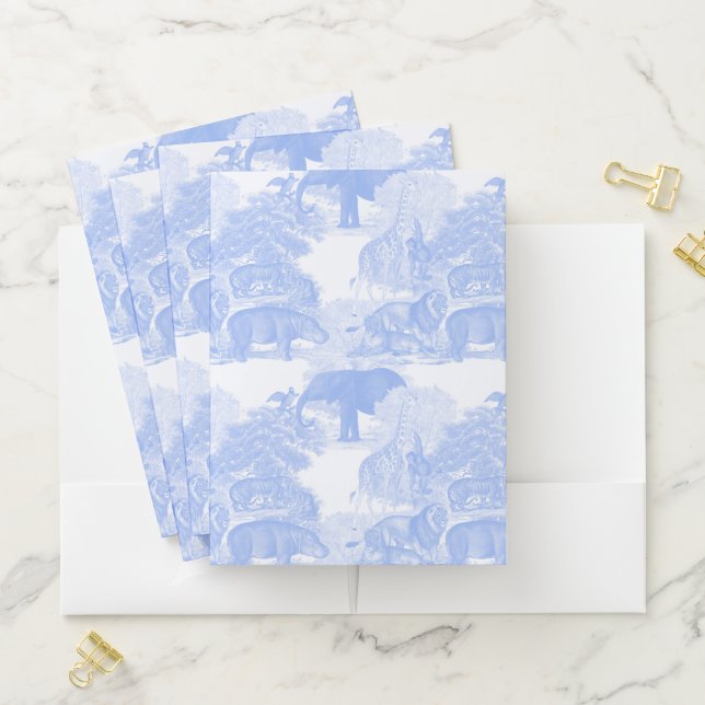 Blue Toile Jungle Animals Safari Chinoiserie Pocket Folder (In Situ)