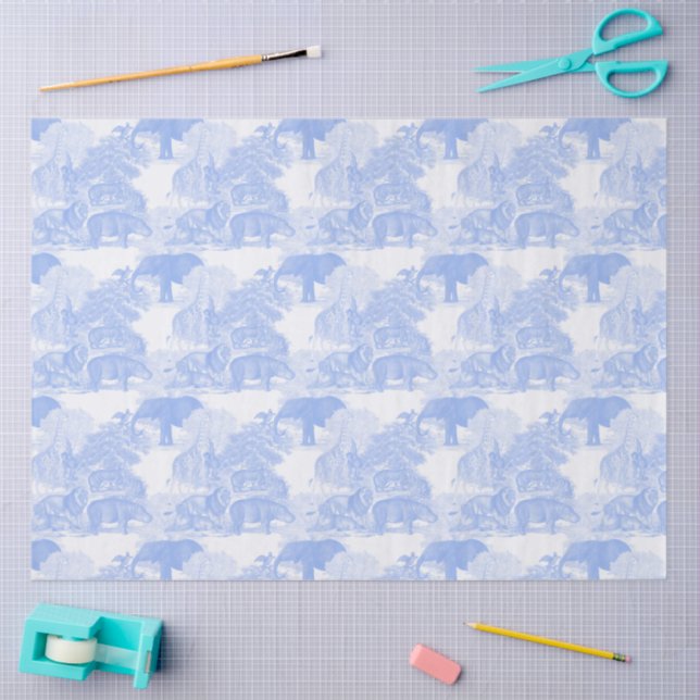 Blue Toile Jungle Animals Safari Chinoiserie Tissue Paper (Craft)