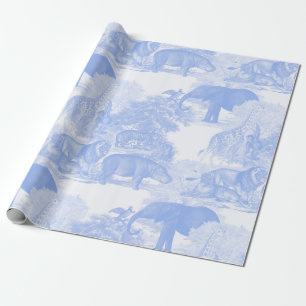 Blue Toile Jungle Animals Safari Chinoiserie Wrapping Paper