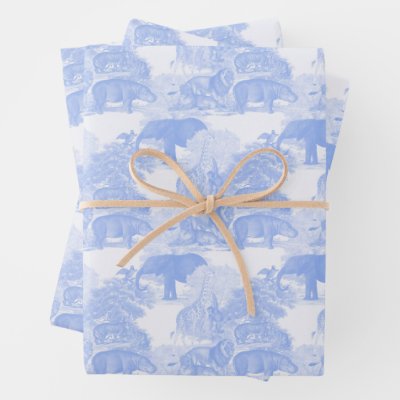 Blue Toile Jungle Animals Safari Chinoiserie Wrapping Paper Sheets