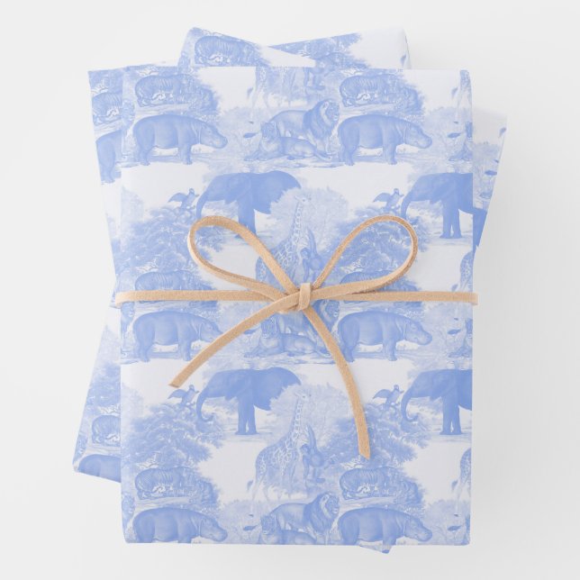Blue Toile Jungle Animals Safari Chinoiserie Wrapping Paper Sheets (In situ)