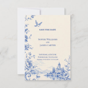 Blue Toile Lakeside Chateau Wedding Save The Date