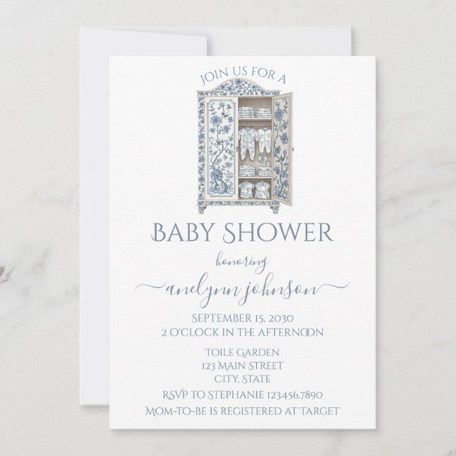 Blue Toile Layette Baby Shower  Invitation (Front)