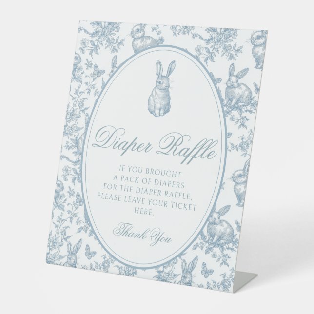 Blue Toile Little Bunny Baby Shower Diaper Raffle Pedestal Sign (Front)