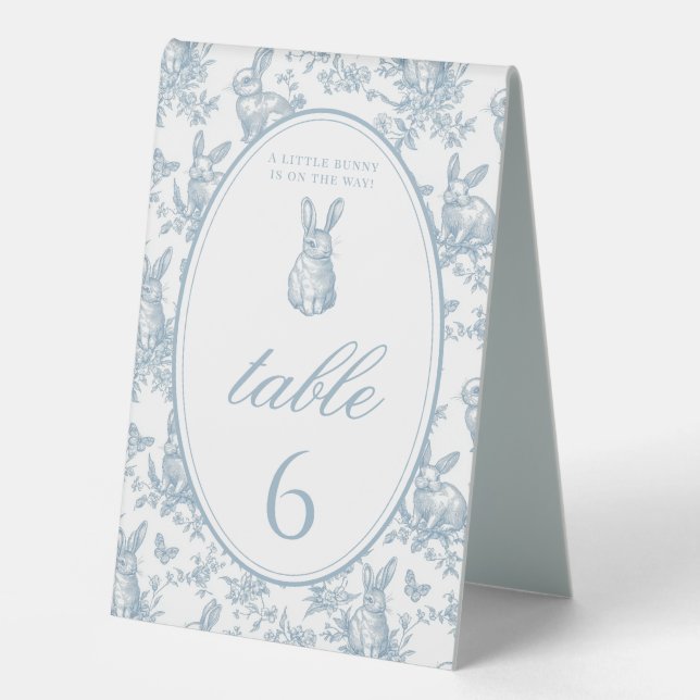 Blue Toile Little Bunny Baby Shower Table Numbers Table Tent (Front)