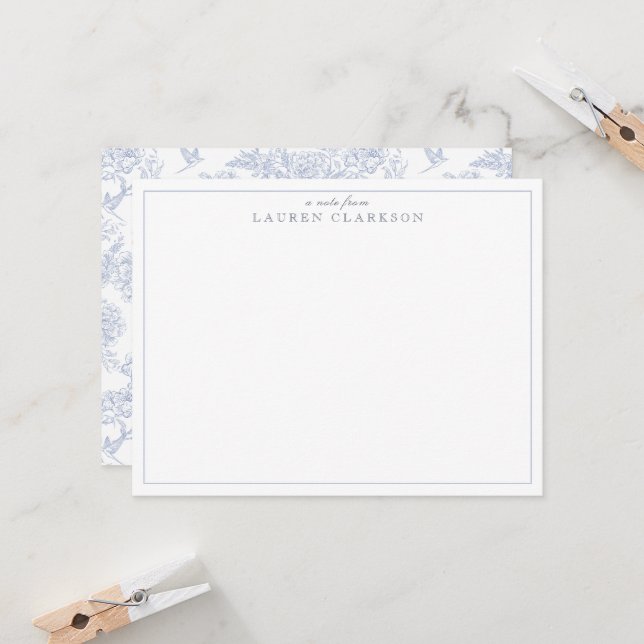 Blue Toile Minimalist Border Note Card (Front/Back In Situ)