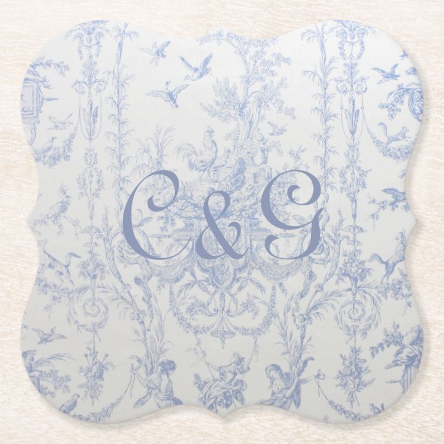 Blue Toile Monogrammed Coasters (Front)