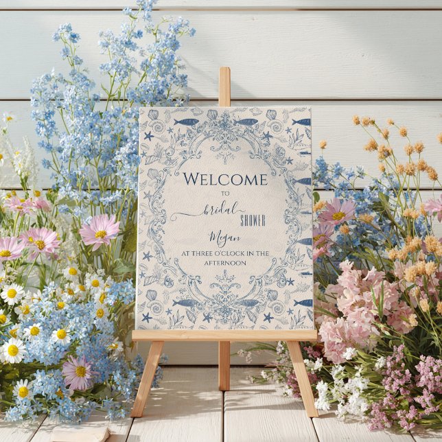 Blue toile Ocean Bridal Shower Welcome  Poster (Creator Uploaded)