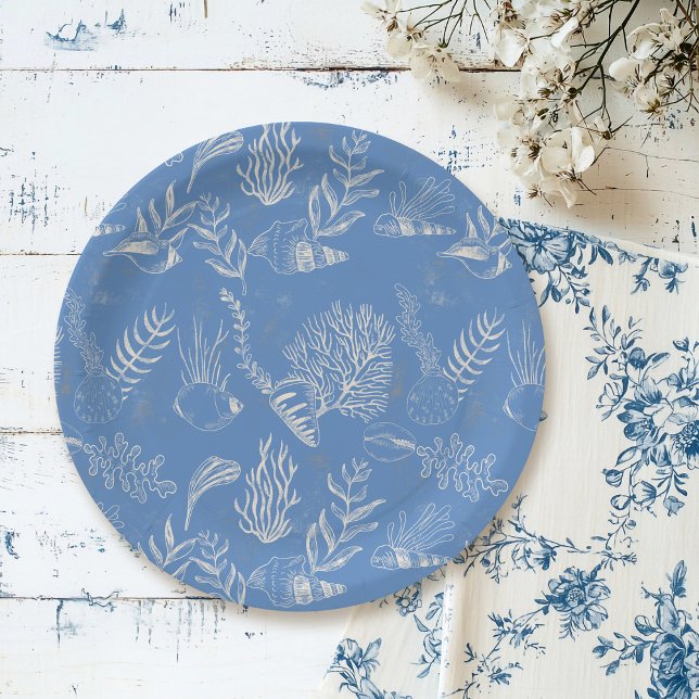 Blue toile ocean themed Bridal Shower Paper Plates (Creator Uploaded)