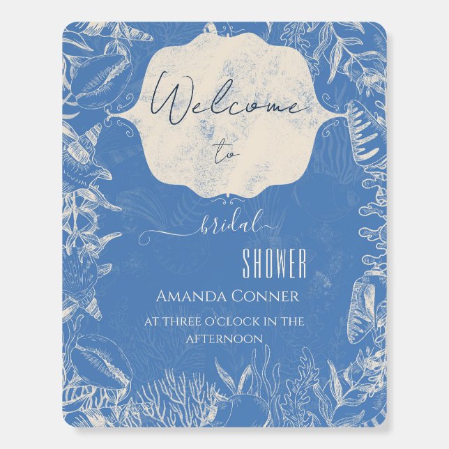 Blue toile ocean themed Bridal Shower Welcome Foam Board (Front)