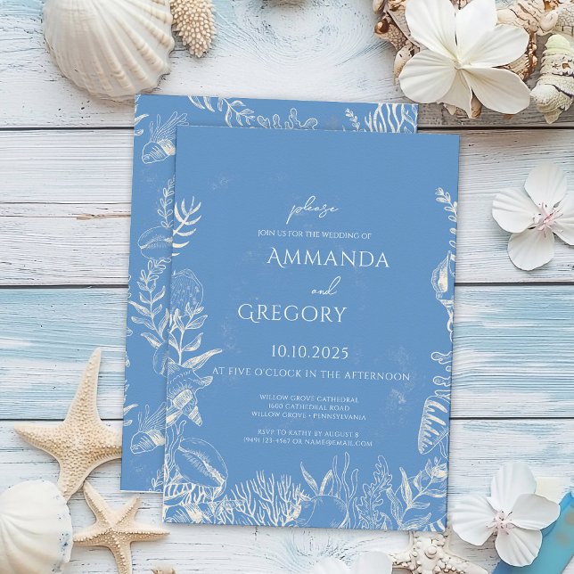 Blue Toile Ocean themed Wedding Invitation (Creator Uploaded)