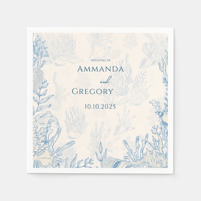 Blue Toile Ocean themed Wedding Napkins (Front)