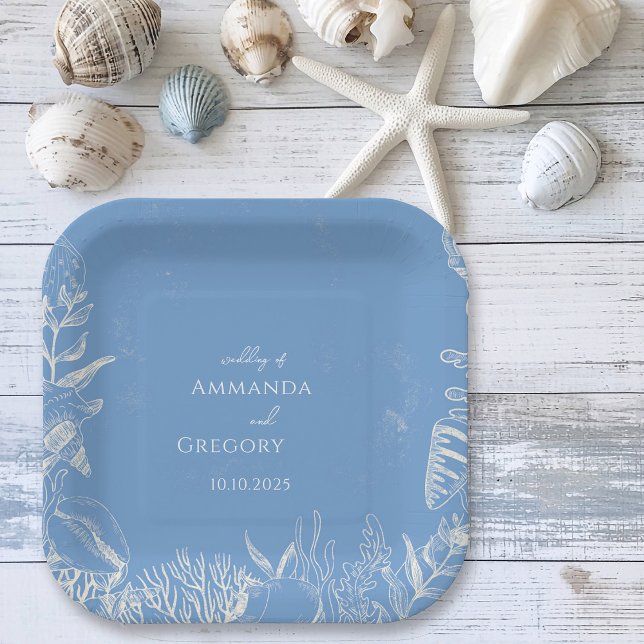 Blue Toile Ocean themed Wedding Paper Plates (Creator Uploaded)