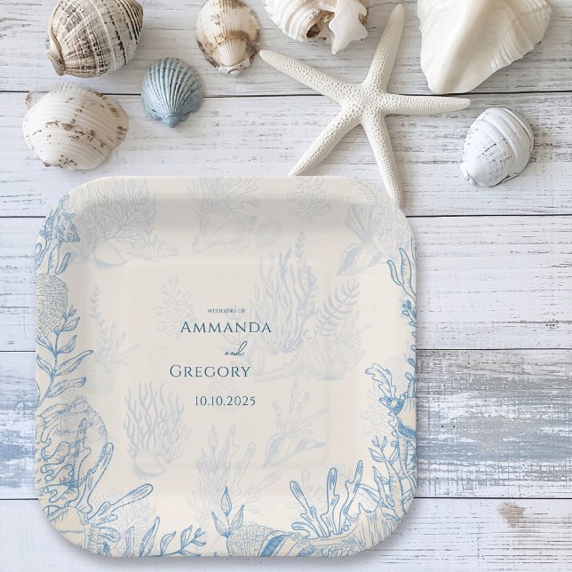 Blue Toile Ocean themed Wedding Paper Plates (Creator Uploaded)