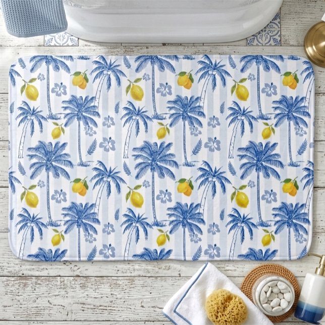 Blue Toile Palm Trees Lemons  Bath Mat (Creator Uploaded)