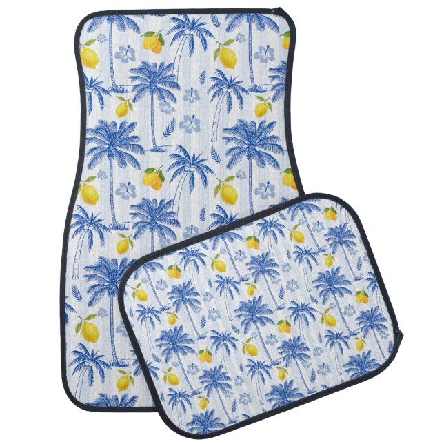 Blue Toile Palm Trees Lemons  Car Floor Mat (Set)