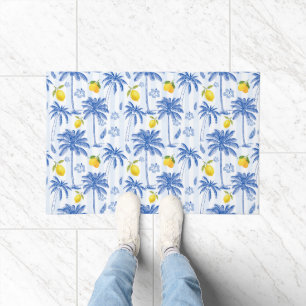 Blue Toile Palm Trees Lemons  Doormat